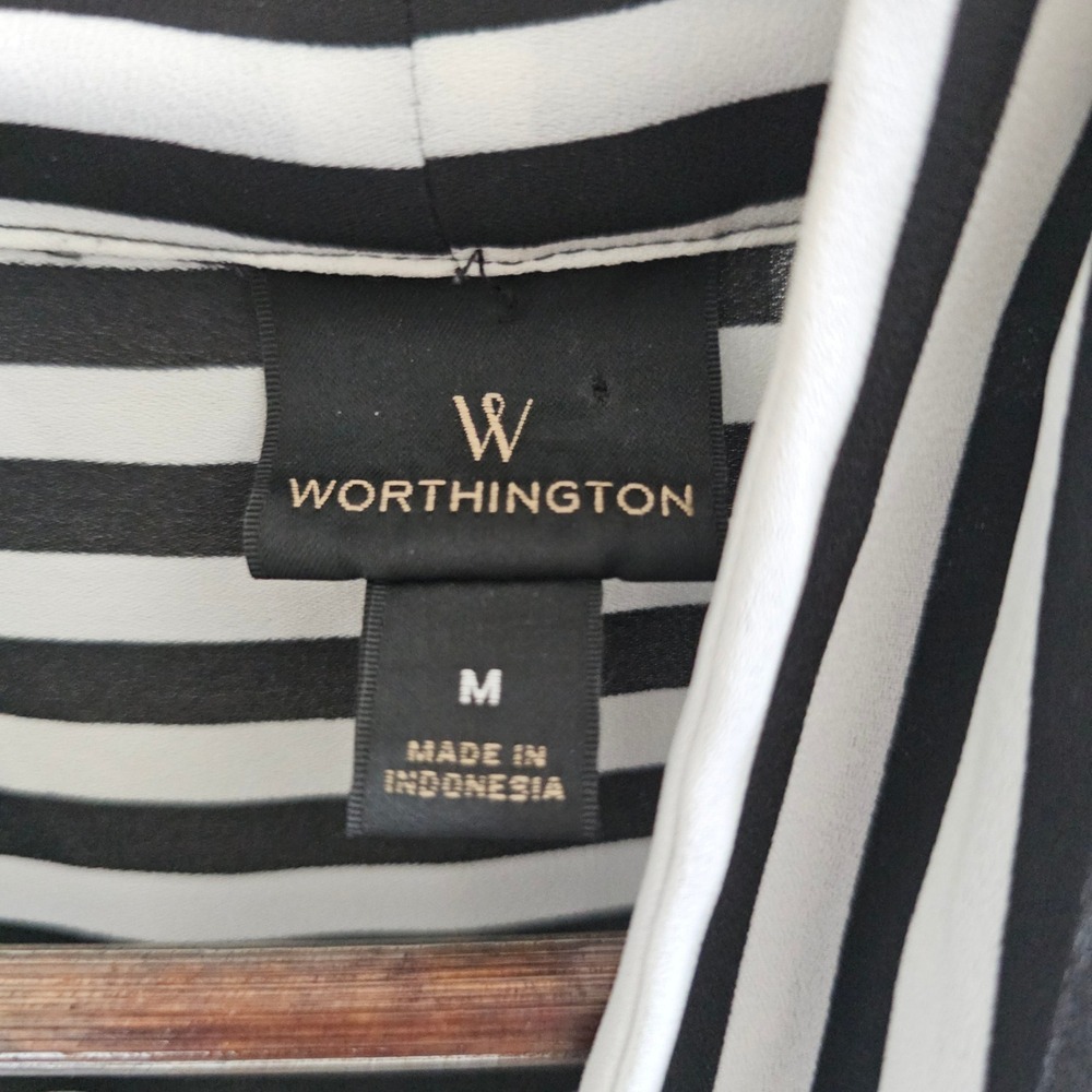 Worthington Academia Black White Striped Tie Neck Blouse Long Sleeve Top Size M - Picture 2 of 4